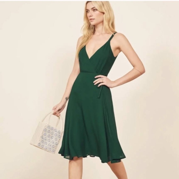 Reformation Green Midi Dress Wrap Mallory Dress Emerald Green XS - Picture 5 of 10